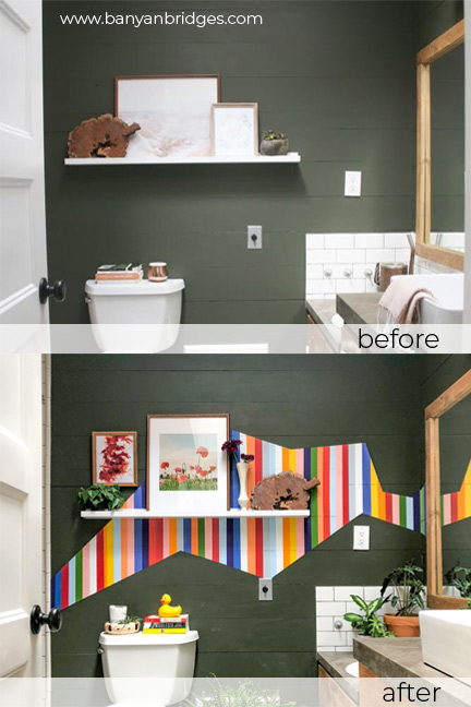 Colorful-Stripes-accent-wall-before-and-after