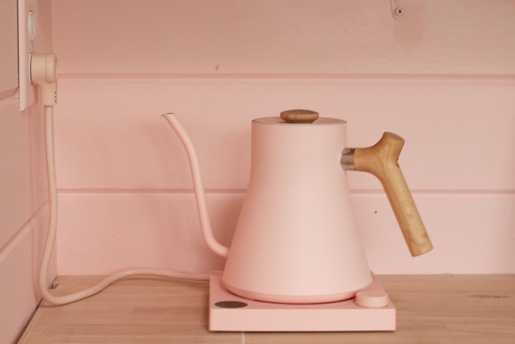 Pink Fellow electric kettle with wood handle by stagg