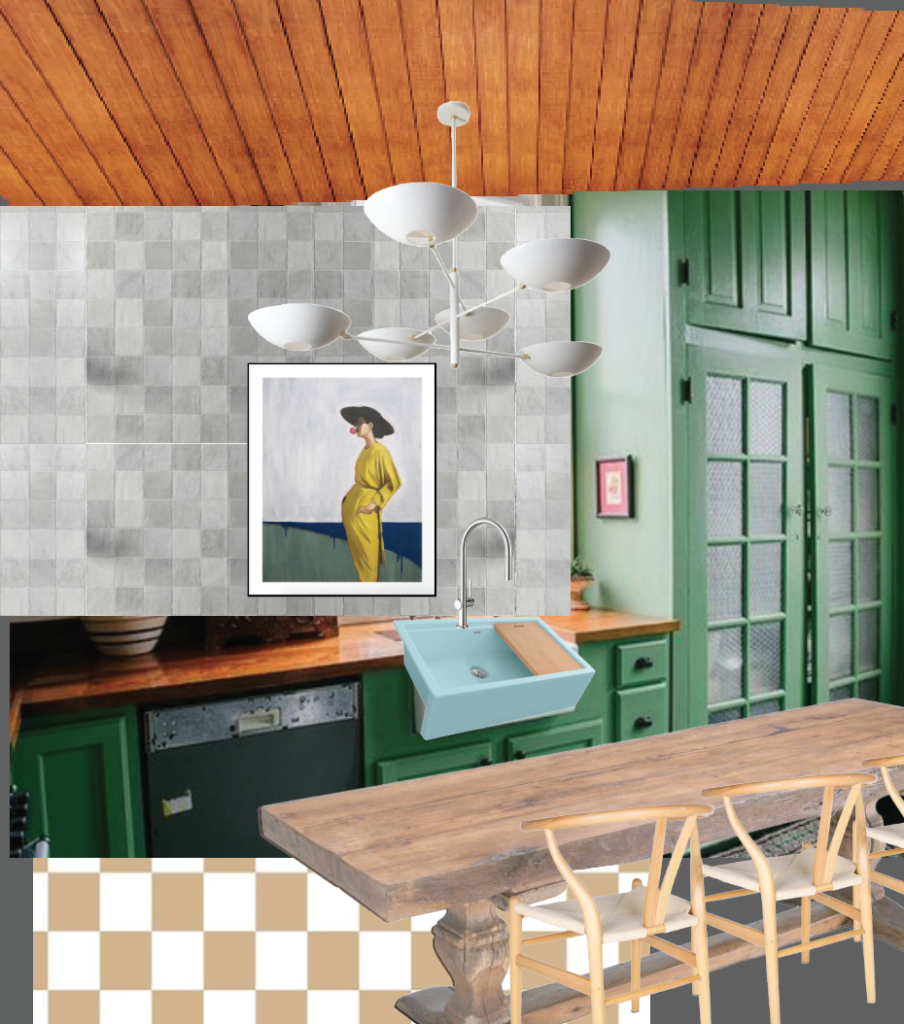 A mood board of the new basement space including a natural wood antique table, new light wood chairs, mint sink, green cabinetry, white-gray tiled backsplash, and cute white chandelier.